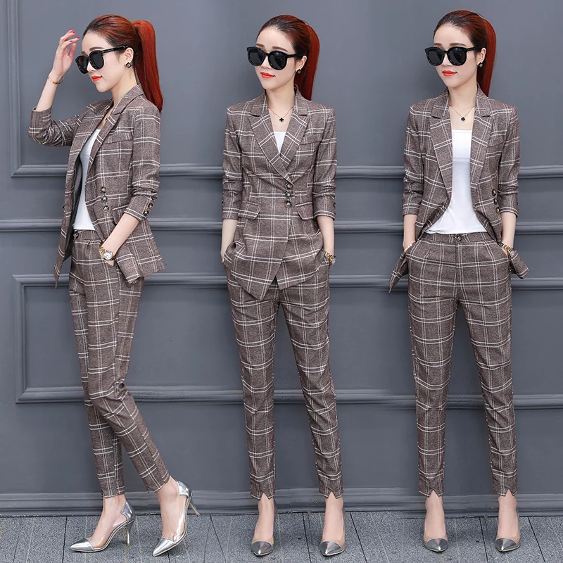 

Новинка Весна 2020, женский модный клетчатый костюм, женский костюм в Корейском стиле, темпераментный костюм из двух предметов с девятью брюк...