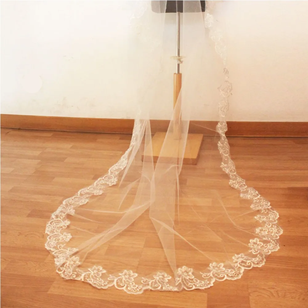 Voile Mariage 3M One Layer Lace Edge White Ivory Cathedral Wedding Veil Long Bridal Cheap Accessories Veu De Noiva | Свадьбы и