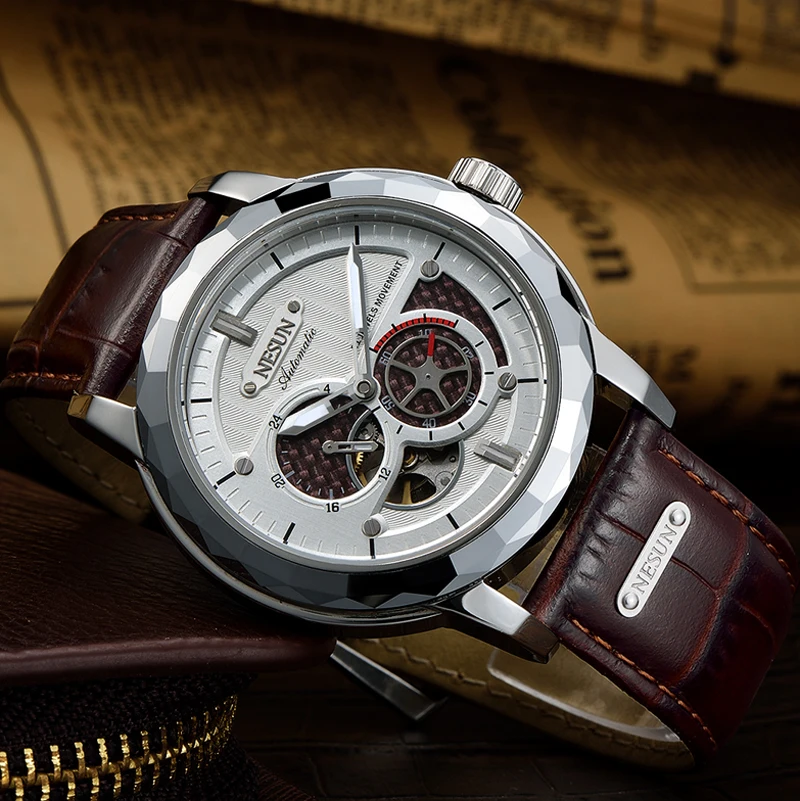 Швейцария Элитный бренд NESUN Скелет Tourbillon часы для мужчин Авто Self-Wind мужские 100 м