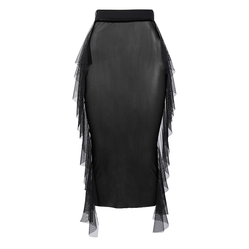 black InstaHot Fish Net Pencil Maxi Skirts Sexy Women Mesh See Trough Ankle Length High Waist Lace Tassel Long Party Black Skirt - Цвет: black