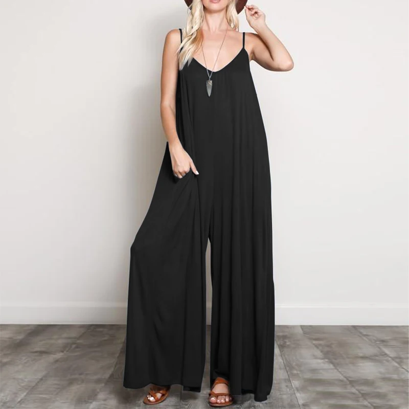 

ZANZEA 2021 Summer Rompers Women Jumpsuits Sexy V Neck Long Playsuits Casual Loose Overalls Wide Leg Mono Bodysuit Plus Size