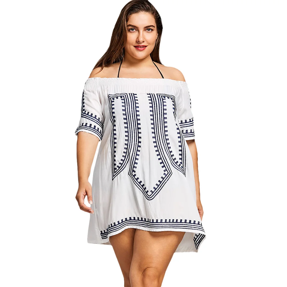 Большой размер вышитая рубашка Пляжная накидка половина геометрических фигур с