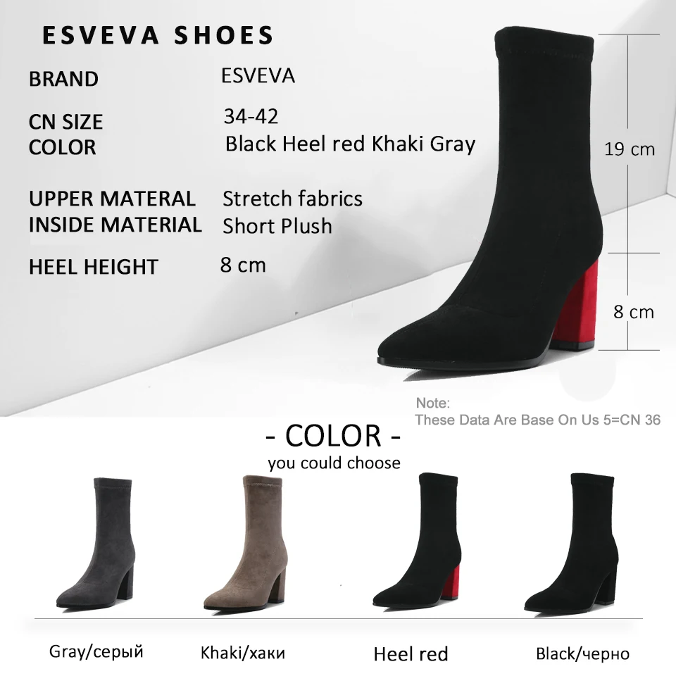 

ESVEVA 2019 Winter Woman Boots Pointed Toe Shoes Slip on Women Ankle Boots Square Heel Sewing Shoes Short Plush High Heels 34-42