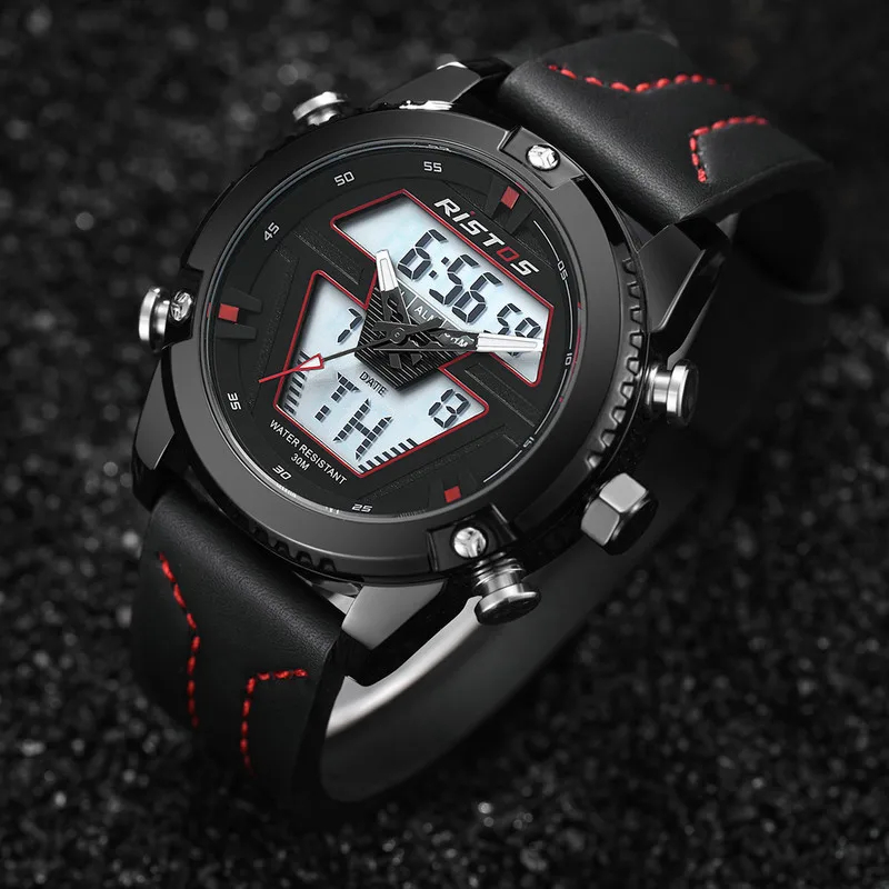 RISTOS Для мужчин часы кожаный Мужчин Кварцевые час Аналоговые светодиодный