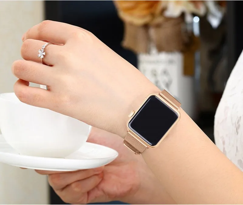 Розовый Золотой Миланский Браслет для наручных часов Apple Watch серии 1/2/3 отверстиями Нержавеющая сталь ремешок для наручных часов iWatch, 42 мм, 38 мм, браслет