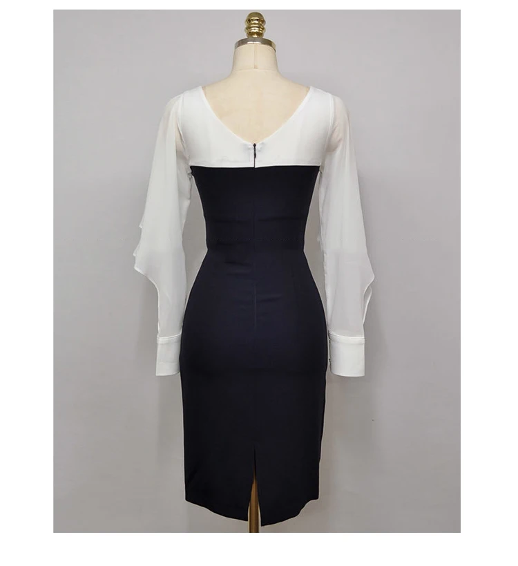 Женское офисное платье с рюшами Элегантное Белое и черное длинными рукавами в