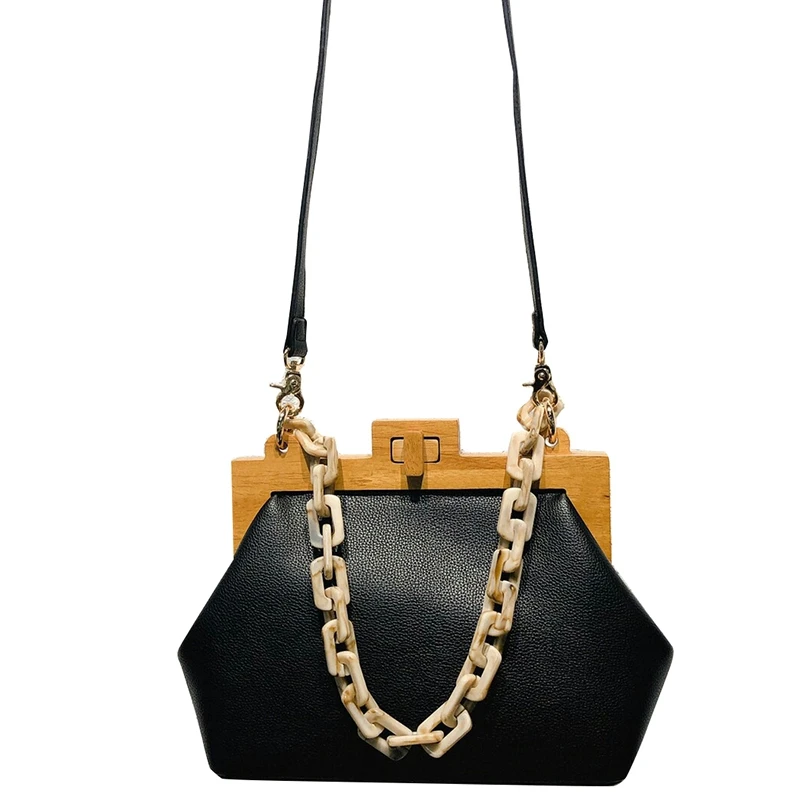 Black Women'S Box Bag Bucket Bag Wooden Clip Evening Bag Ins Acrylic Chain Luxury Handbag Banquet Party Purse Shoulder Bag - Цвет: Black