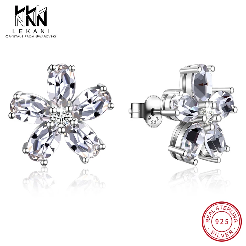 925 Silver Flower Stud Earrings Crystal From Swarovski Shining Ear Accessoires For Women Lovely Fine Jewlery Anniversary Party | Украшения