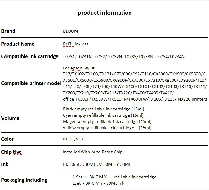 Набор чернил для принтера epson 92N T0921N чернильный картридж EPSON Stylus T26 T27 TX106 TX109 TX117 TX119