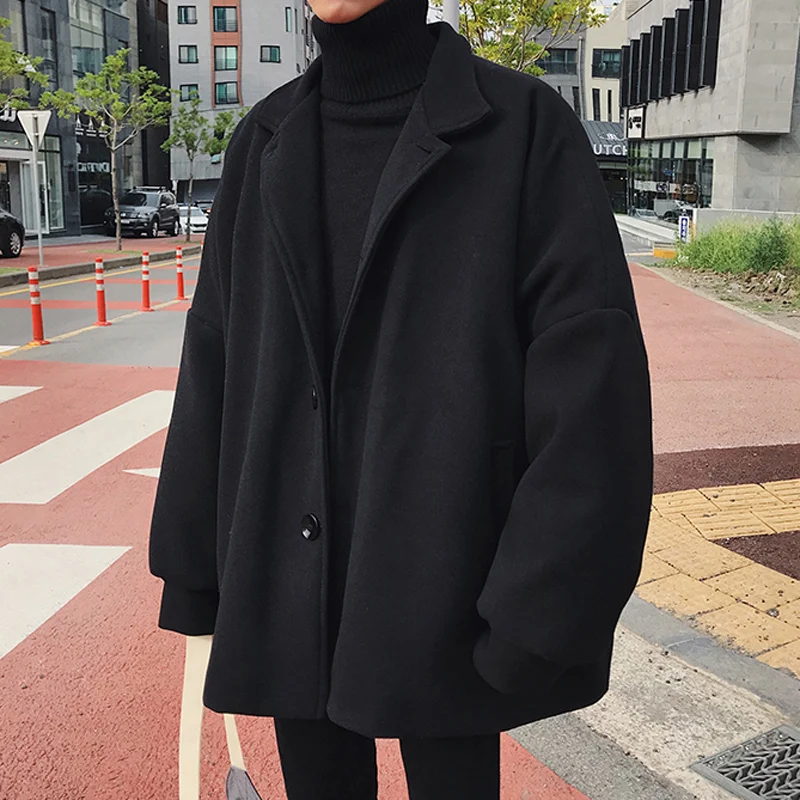 

Mens Wool Blend Loose England Style Students Coat Winter Thick Warm Outwear Trench Coat Black Khaki H56