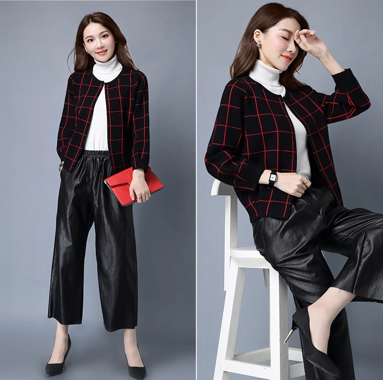 Зимний вязаный женский свитер пальто короткий участок решетки шаль женский свитер пальто круглый вырез плюс размер кардиган свитер пальто