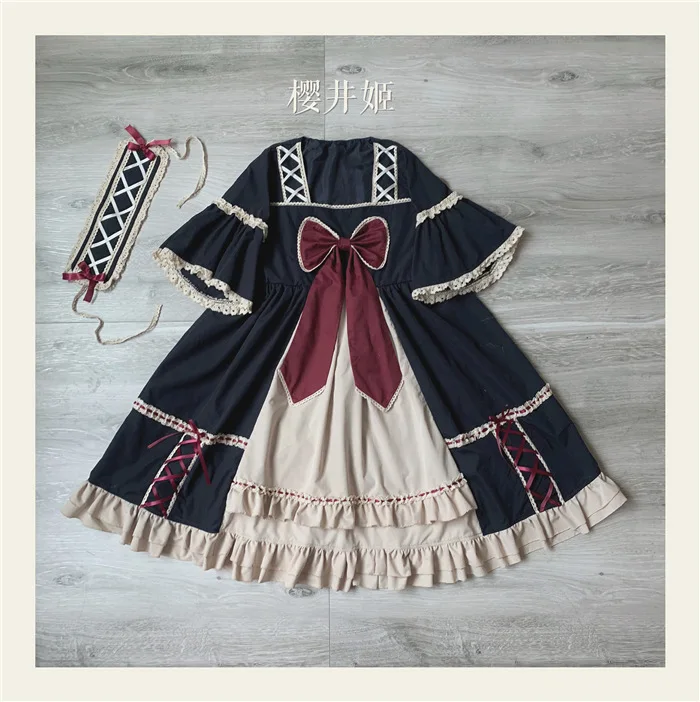 Sakura Taiki~ кимоно стиль короткий расклешенный рукав Лолита платье с высокой талией