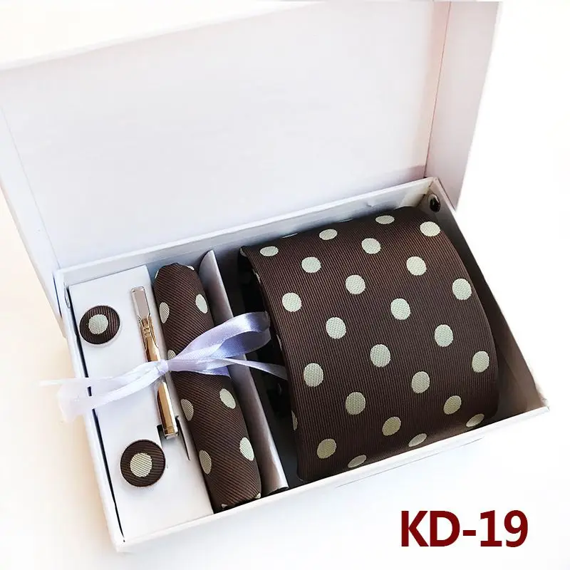 KD19 Новинка, модный галстук, набор, полиэстер, шелк, 8 см., галстуки в горошек, мужские галстуки для мужчин, галстук, платок, запонки, подарочная упаковка, KD01 - Цвет: KD19