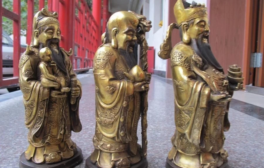 13.5 &quotКитай Буддизм Бронзовый Gild Лаки Фу Лу Шоу&quot Долголетие Бог статуя будды