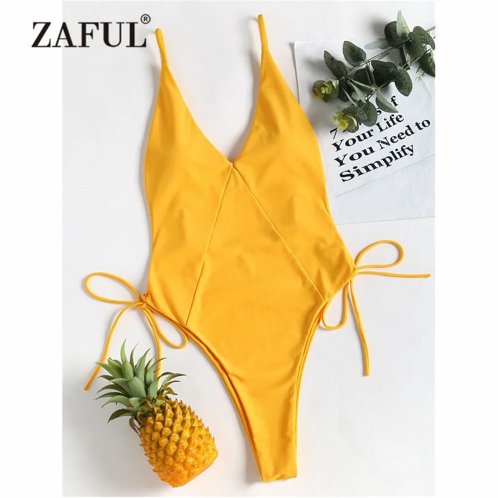 ZAFUL сдельный купальник женский с высоким вырезом на бретельках шнуровке