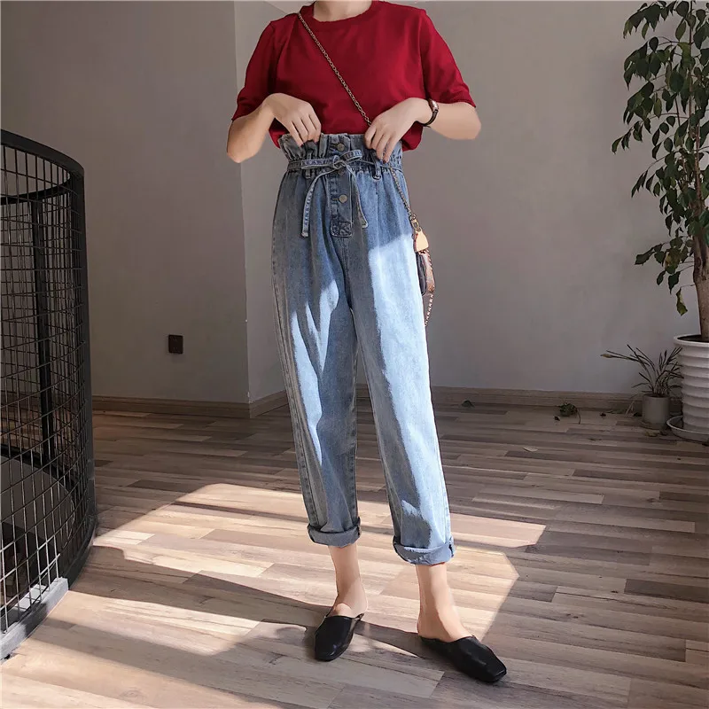 S XL 2018 корейский стиль осенняя бумажная сумка талия брюки высокая джинсы женские