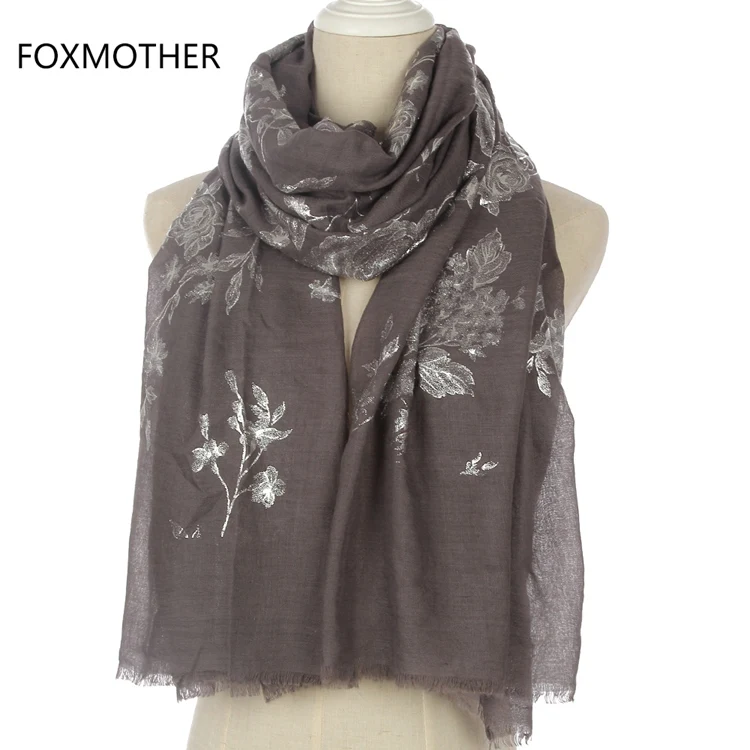 FOXMOTHER Модный Блестящий черный розовый цветочный узор Блестящий Фольга Серебряный длинный хиджаб бахрома шарфы для женщин дамы - Цвет: Темно-серый