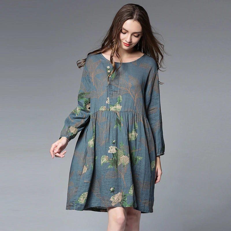 Для женщин Свободные Хлопок Лен Платья для зима 2017 с цветочным принтом Большие