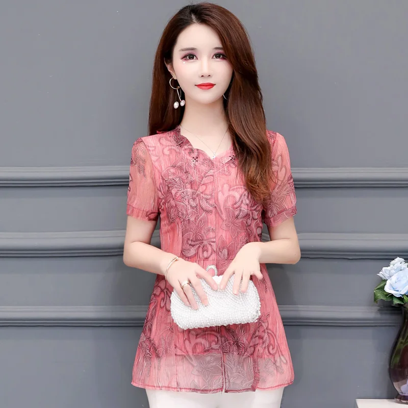 Chiffon Blouses Shirts Womans Short Sleeve Office Lady Work Patchwork Floral Print Beaded Blouse Faux Two Piece 4XL 3XL M019 |