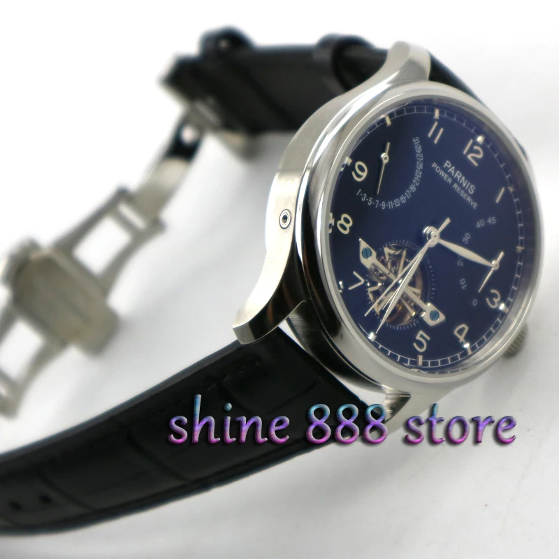 

43mm Parnis watch power reserve Black dial Black strap deployant clasp date Automatic Self-Winding movement Men's watch