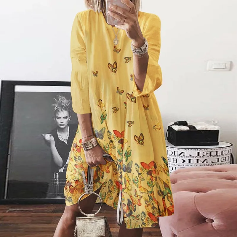 01 Yellow Lipswag женское Летнее льняное платье с принтом элегантное платье трапециевидной формы с рукавом-бабочкой повседневное пляжное богемное платье с круглым вырезом размера плюс S-5XL - Цвет: 01 Yellow
