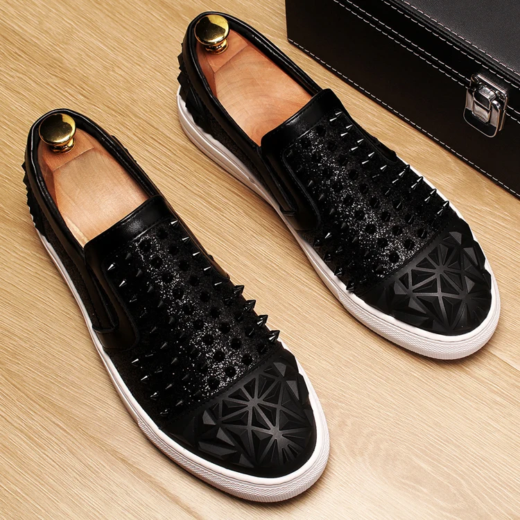 2019 Brand Men loafers fashion casual shoes rivets new Design flat Italy red Black embossed Sequined leather man | Обувь