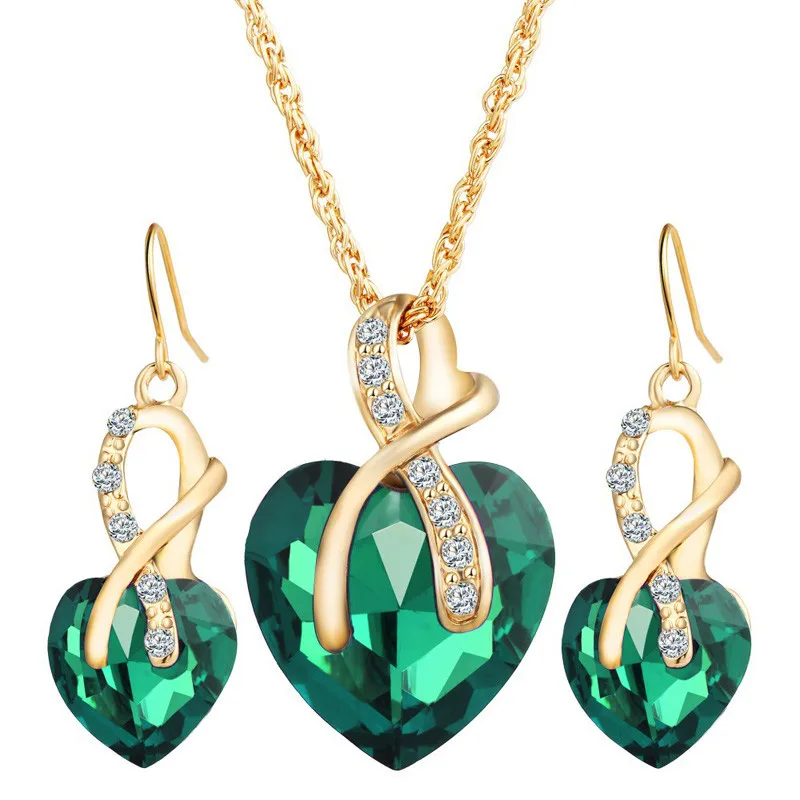 Austrial Crystal Heart Pendant Necklace Earrings Jewellery Set Gold Jewelry Sets For Women Bridal Wedding 2016 Set001 | Украшения и