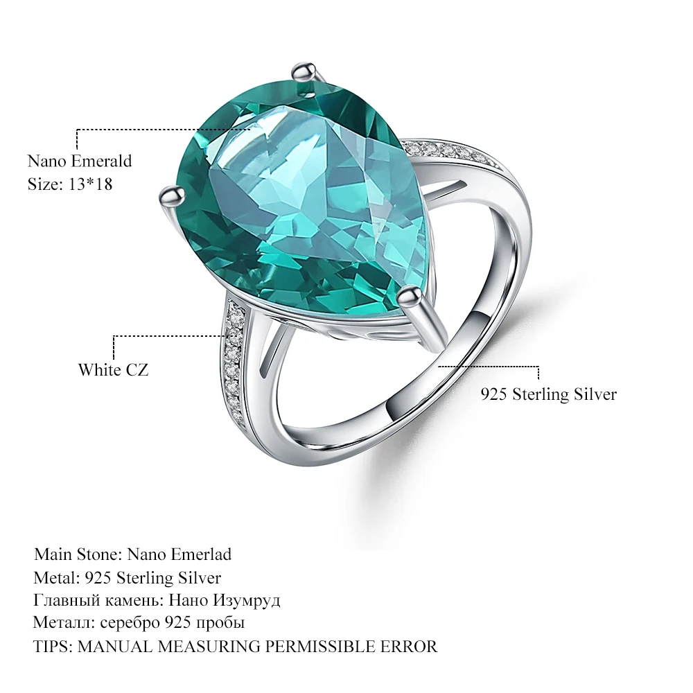 

Gem's Ballet Luxury 10.68Ct Nano Green Amethyst Ring Soild 925 Sterling Silver Water Drop Rings For Women Wedding Fine Jewelry