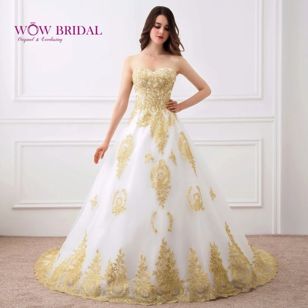 Wowbridal свадебное платье трапециевидной формы с вышивкой золотистого цвета белым