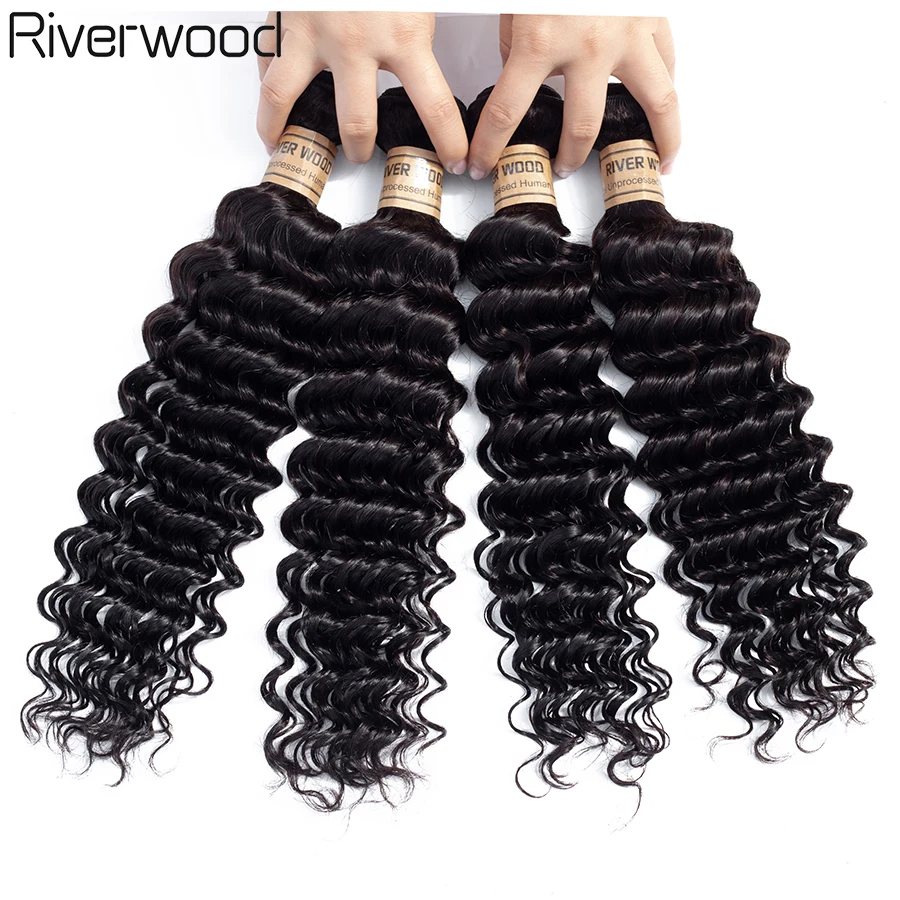 Riverwood Deep Wave Bundles With Frontal Peruvian Non Remy Human Hair Pre Plucked Lace frontal closure | Шиньоны и парики