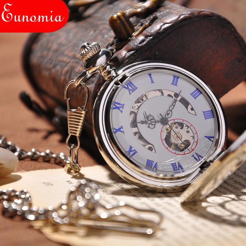 Круглые серебряные скелетоны стимпанк римские цифры карманные часы с цепочкой