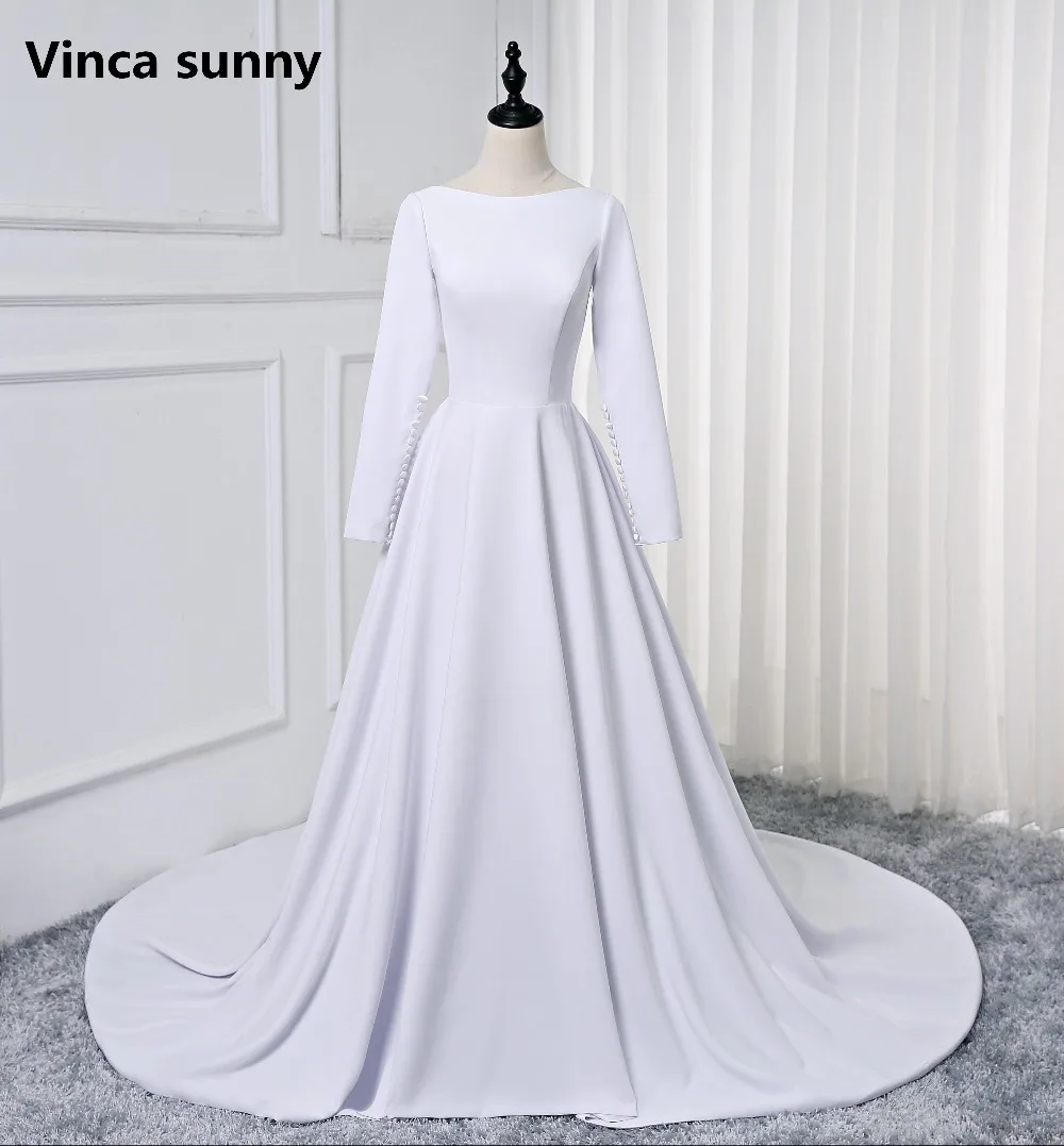 

Vinca sunny Vestido De Noiva New A Line Soft Satin Wedding Dress Long sleeve Simple Bridal Gown robe de mariage