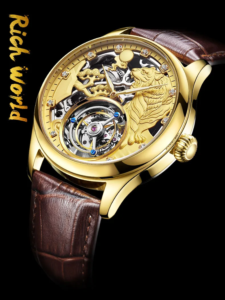 Настоящие Tourbillon, мужские часы,, Копейка, сапфир, тигр, скелет, циферблат, механический, ручная работа, ветер, кожа, мужские, Зодиак, наручные часы, 7016 г