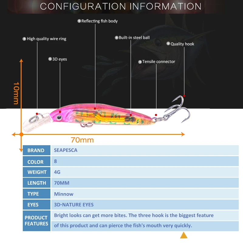 SEAPESCA Рыболовная Приманка Minnow Crank Bait 70 мм 4 г классические воблеры Virbration