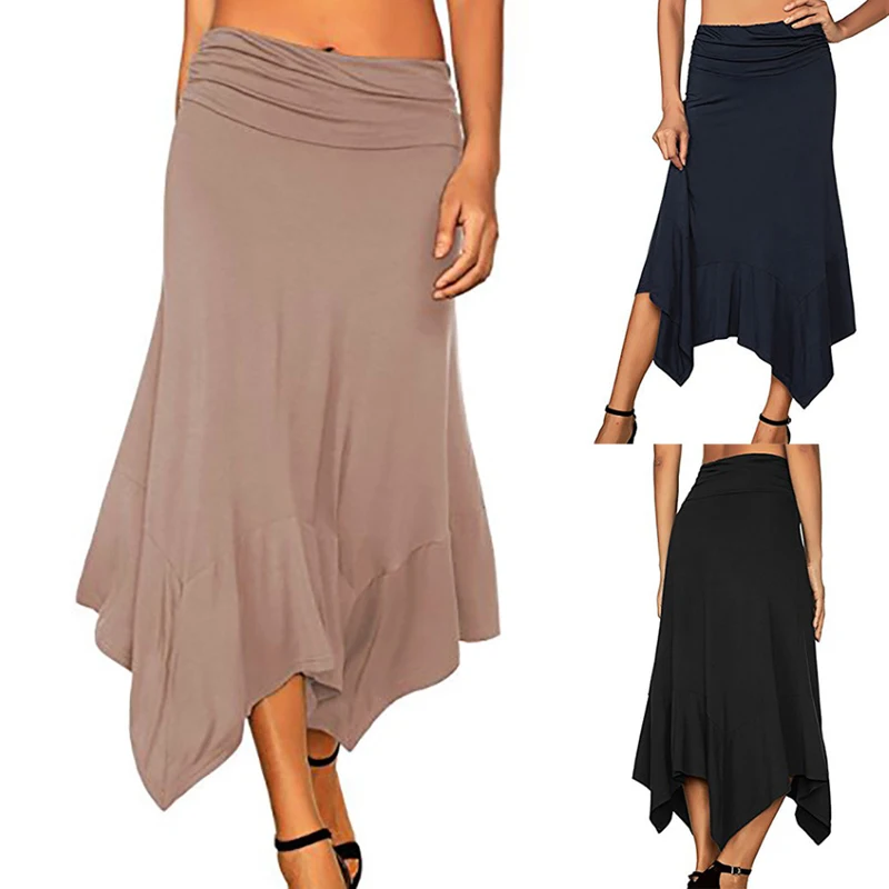 

New Arrived Irregular Hem Skirts Women Solid Color Flowy Handkerchief Hemline Midi Skirt High Waist Long Skirt Jupe Femme 2019