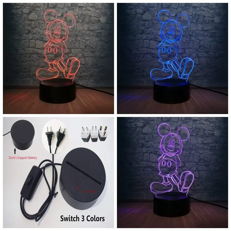 Switch 3 Color Only 3D светодиодный светильник для спальни с изображением Минни Микки, настольный ночник, 7 цветов, лампа для украшения детской спальни, подарок для детей, Прямая поставка - Испускаемый цвет: Switch 3 Color Only