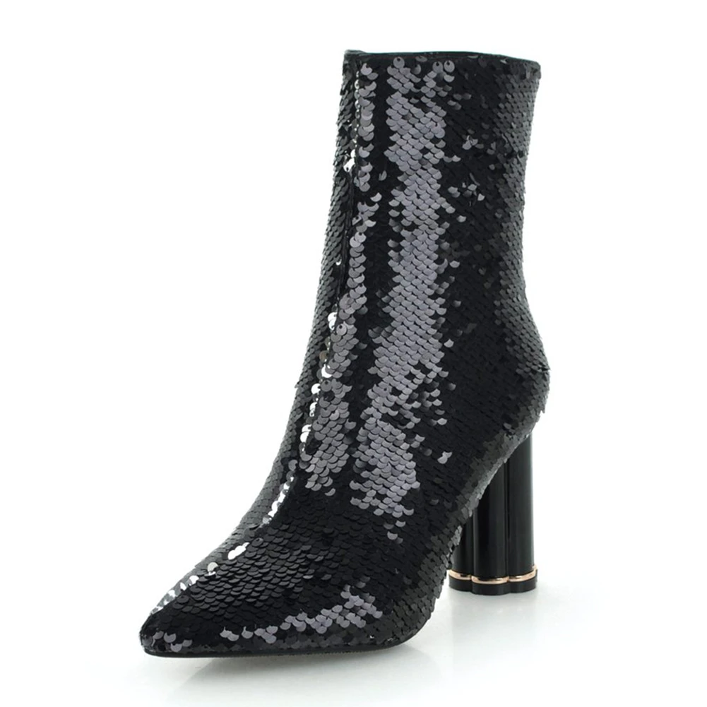 black fabric DoraTasia Fashion Sequined Cover Ankle Boots Female Autumn Winter Shoes Pointed Toe High Heels Boots Women Shoes - Цвет: black fabric
