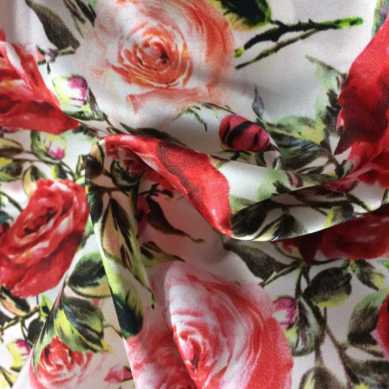 110cm wide 22mm silk &amp spandex red rose print stretch satin fabric for dress shirt clothes cheongsam C018 | Дом и сад