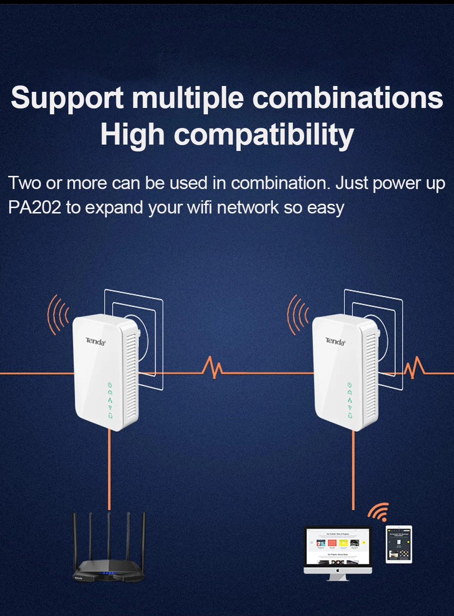 Tenda PA202 беспроводной Powerline расширение Ethernet адаптер проводной PLC Powerline адаптер, высокая совместимость с Wi-Fi роутером/ноутбуком