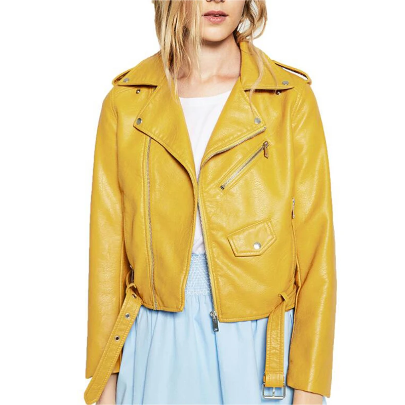 2017 New Fashion Female Biker Motorcycle Cropped Leather Jacket Women Pink Red Black Blue Brown Yellow