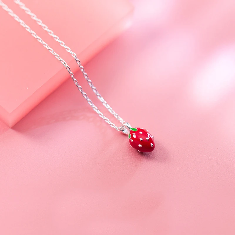 

MloveAcc Authentic 925 Sterling Silver Sweet Strawberry Red Enamel Charm Pendant Necklaces for Women Girls Fine Jewelry