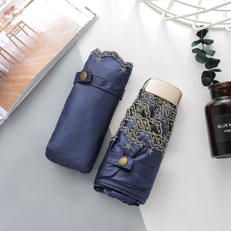Navy Only Jime Mini Folding Umbrella Embroidery Five Folding Black Coating Umbrella High Quality Women Lace Umbrellas Rain Gear - Цвет: Navy