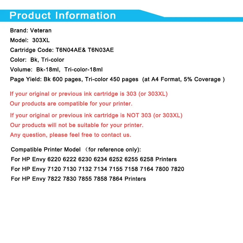 Ветеран 303XL Совместимый картридж для hp 303 чернильный XL Envy 6020 6030 6220 6230 7120 7130 7134 7830