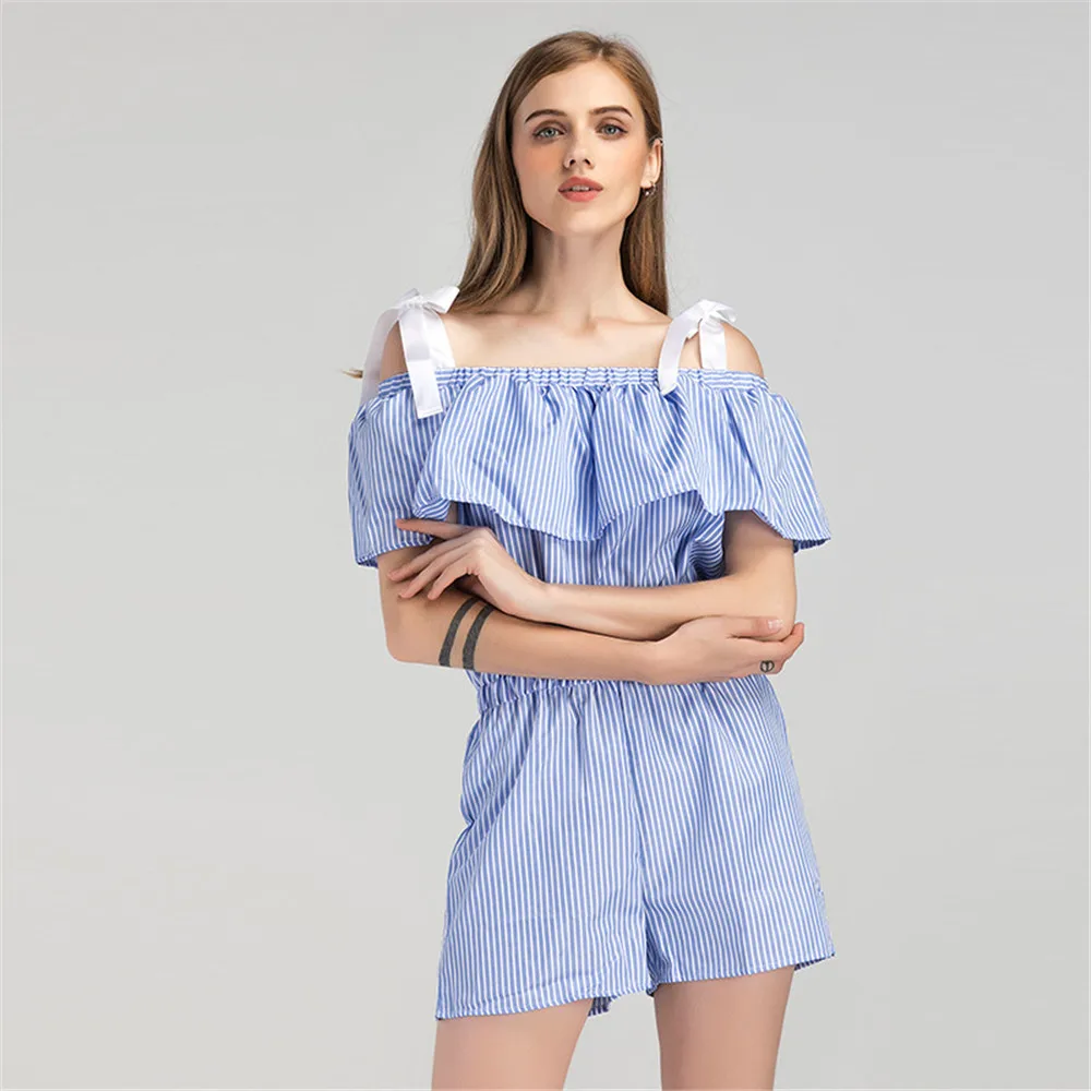 2018 летние комбинезоны пикантные с открытыми плечами оборками полосатый короткий