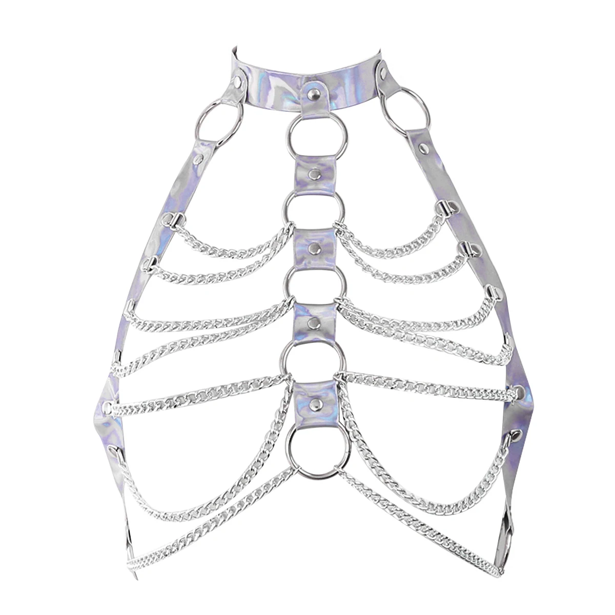 Голографическая нагрудная портупея LoveFun из ПВХ с открытым бюстгальтером на