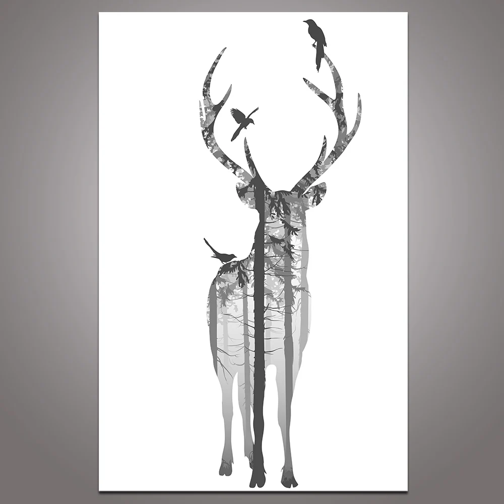 Лесной силуэт олень с птицей холст печать Картина Красочные животные