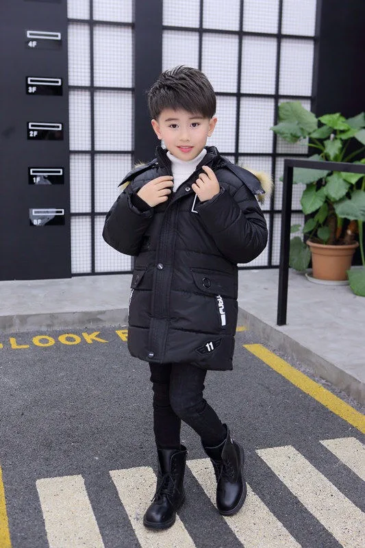New Winter Kids Jacket For Boys Teenage Fur Hooded Outerwear Parka Thicker Cotton-30 Russia Overcoat Clothes For Children