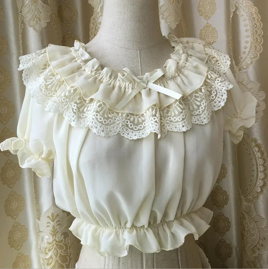 Женский шифоновый укороченный топ летняя кружевная блузка с коротким рукавом