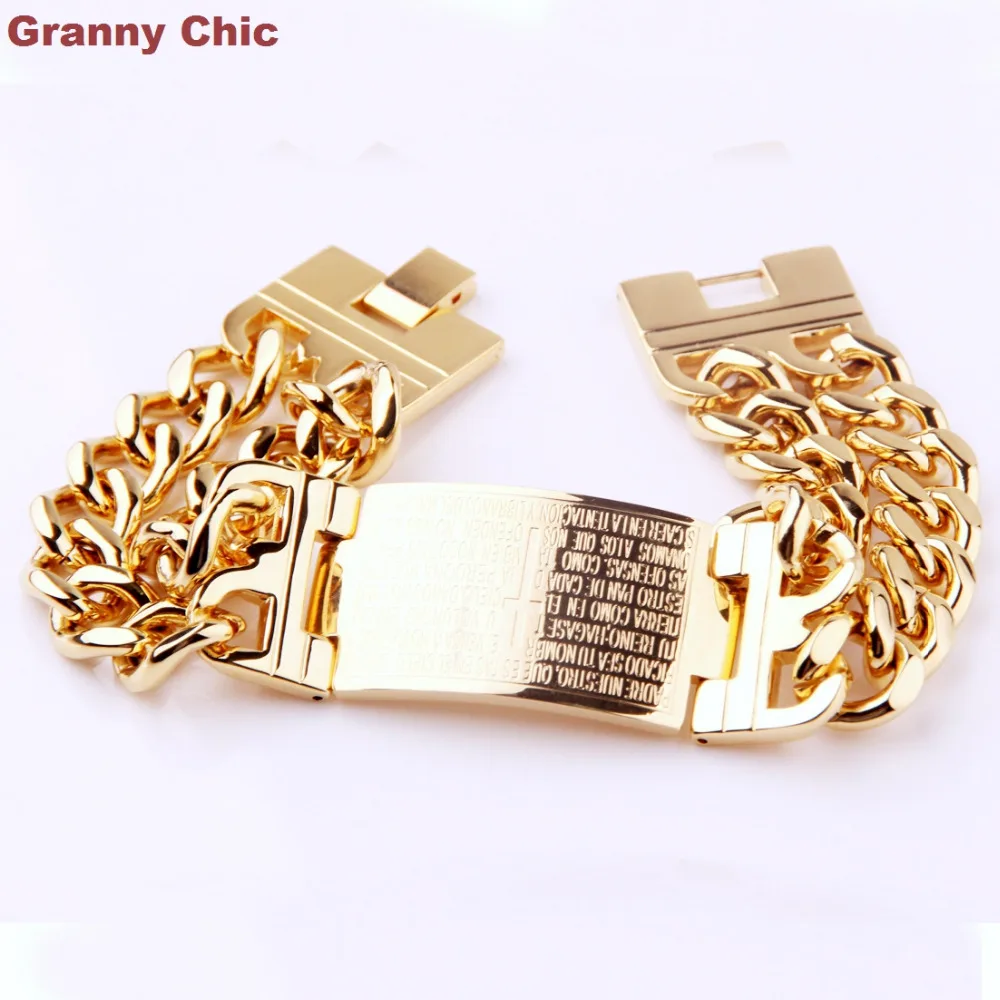 Granny Chic мужской модный серебряный/золотой Стальной широкий испанская Библия ID двойное звено браслет-цепочка