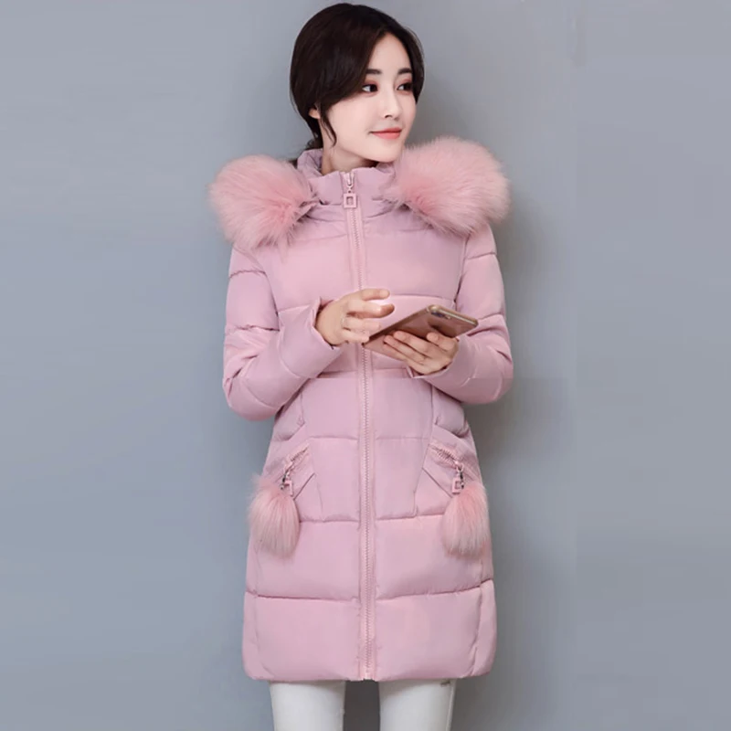 

Winter Coat Women Mid-Long Thicken Warm Cotton-padded Down Parkas Coat Faux Fur Collar Hooded Jacket Outwear Coat LJ0530